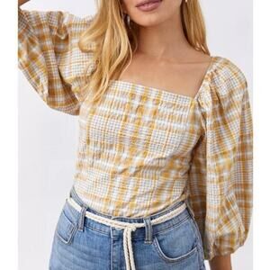 Maeve plaid square neck blouse neutral motif Cropped Puff Sleeve M Cottage Boho